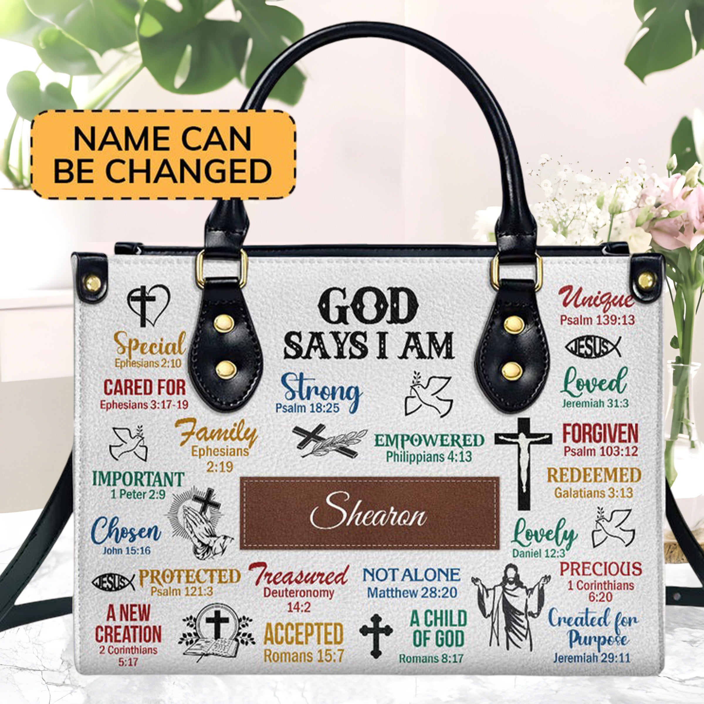 Personalized Christian Leather Handbag, God Says I Am Scripture Purse, Custom Name Bible Verse Tote – Faith Gift for Women BLAF51